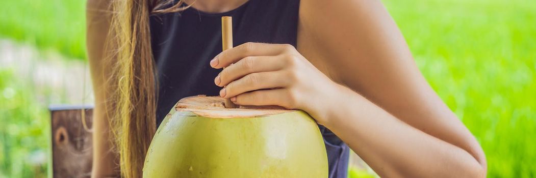 Young woman with fresh coconut cocktail in the background of a rice field. BANNER, LONG FORMAT