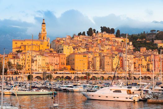 Menton, France - circa August 2021: view of the French Riviera, named the Coast Azur, located in the South of France. Sunrise light.