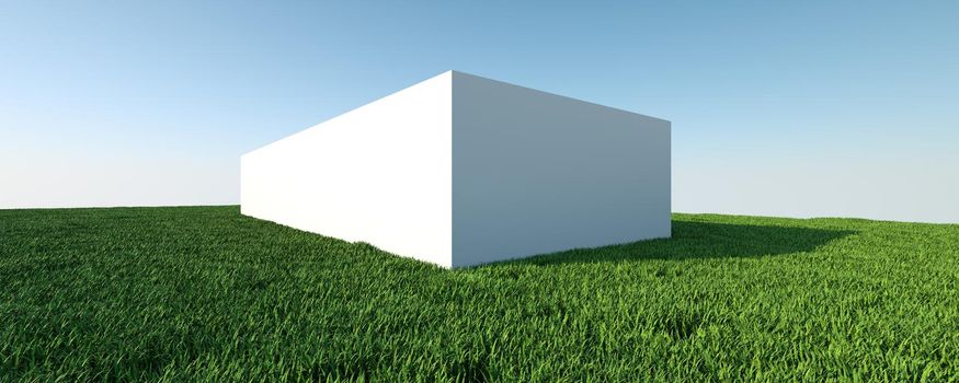 3D render of grass. Background abstraction of lawn advertising with conditional architecture.