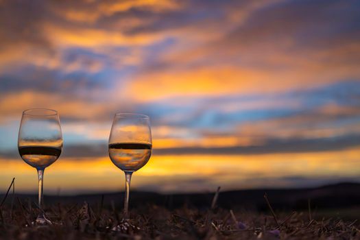 glass of wine with sunset in late summer