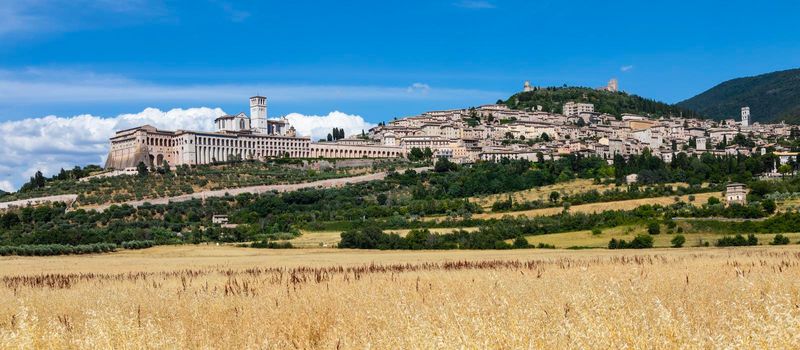Assisi village in Umbria region, Italy. The town is famous for the most important Italian St. Francis Basilica (Basilica di San Francesco)