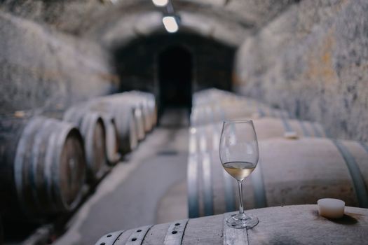 Wine cellars with barrels, traditional wine called Bikaver near Eger, Hungary