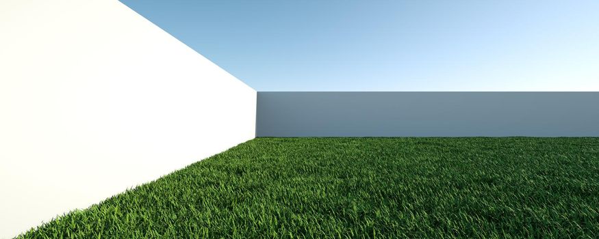 3D render of grass. Background abstraction of lawn advertising with conditional architecture.