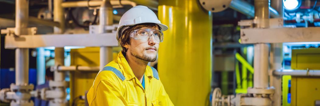 Young man in a yellow work uniform, glasses and helmet in industrial environment,oil Platform or liquefied gas plant. BANNER, LONG FORMAT