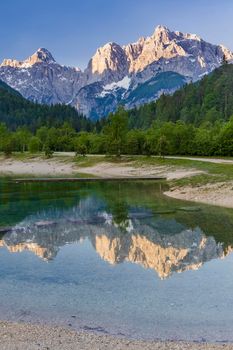 Lake and mountains near the village Kranjska Gora in Triglav national park, Slovenia