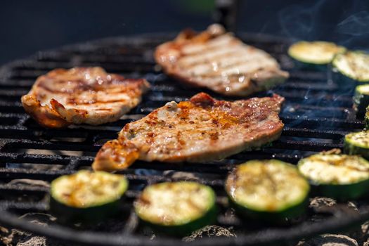 pork and zucchini, garden grill with charcoal