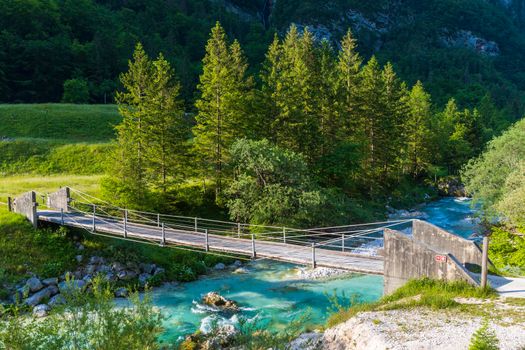 Rope bridge on the river Soca, Triglavski national park, Slovenia