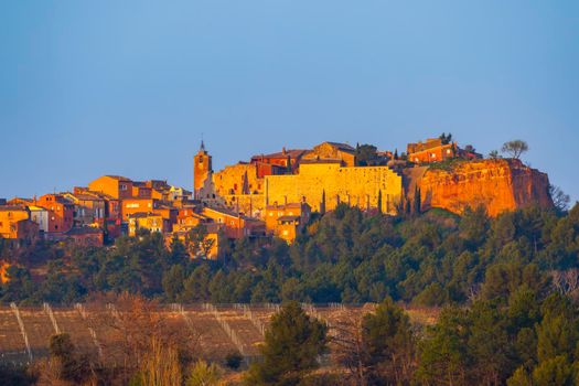 Landscape with historic ocher village Roussillon, Provence, Luberon, Vaucluse, France