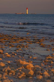 Phare de Chauvea near Ile de Re with ships to La Rochelle, Pays de la Loire, France