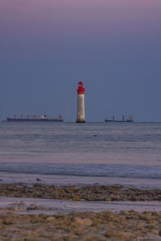 Phare de Chauvea near Ile de Re with ships to La Rochelle, Pays de la Loire, France