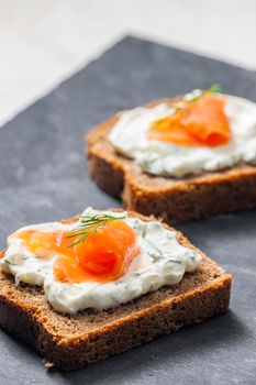 whole grain bread with dill spread and smoked salmon