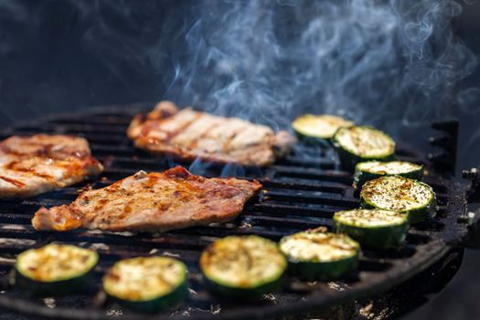 pork and zucchini, garden grill with charcoal