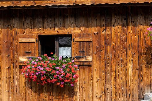 Typical window with floral decoration, Saint Jean d Aulps in Aulps Valley, Haute Savoie, France