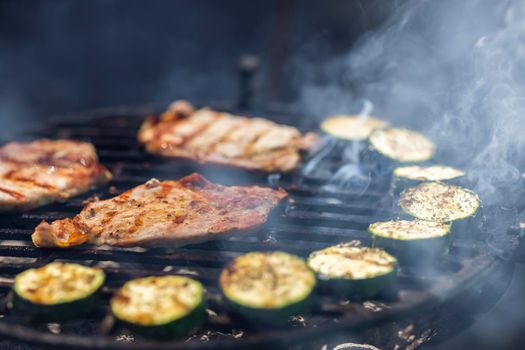 pork and zucchini, garden grill with charcoal