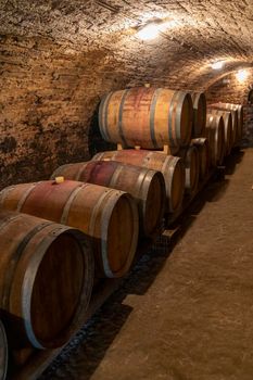 wine cellar with wooden barrels in Hajos, Southern Transdanubia, Hungary