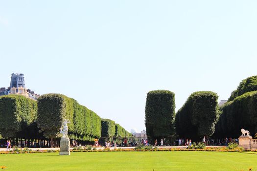 Paris, France - August 26, 2019: View on famous Luxembourg Gardens or Jardin du Luxembourg in Paris in the summer
