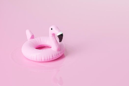 3D illustration of inflatable flamingo shaped tube floating on surface of reflecting pink liquid