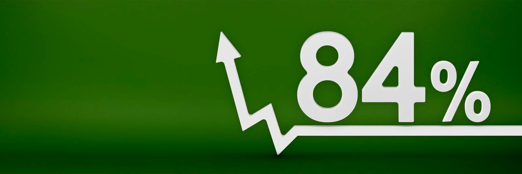 84 percent. The arrow on the graph points up. Rising prices, inflation, increase in income, increase in interest rates, taxes. 3d banner, eighty four percent sign discount on a green background