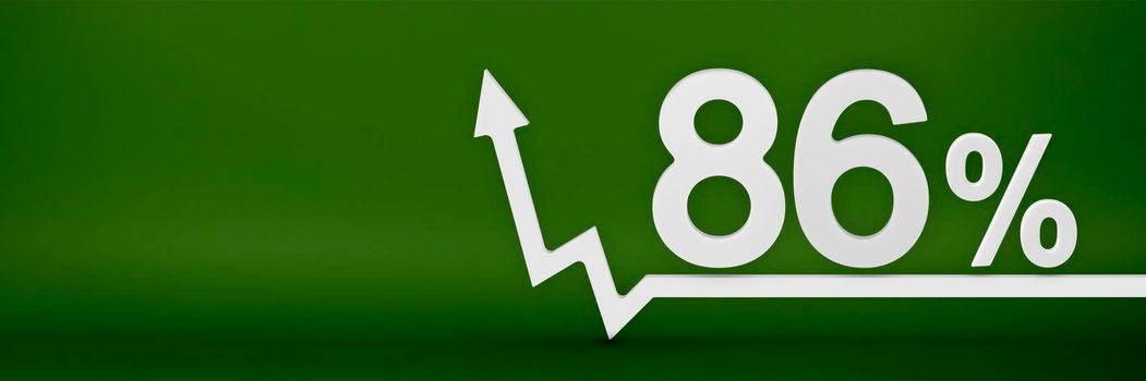 86 percent. The arrow on the graph points up. Rising prices, inflation, increase in income, increase in interest rates, taxes. 3d banner, eighty six percent sign discount on a green background