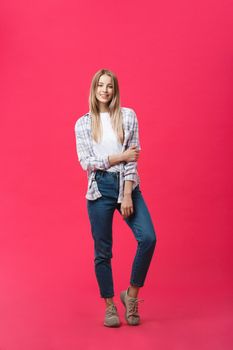 Full length young beautiful woman in casual cloth standing over pink background