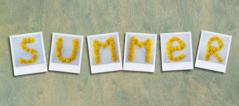 banner with the word summer laid out from polaroid pictures. yellow dandelion flowers in the form of letters on a green wooden background. summer background. flat lay.