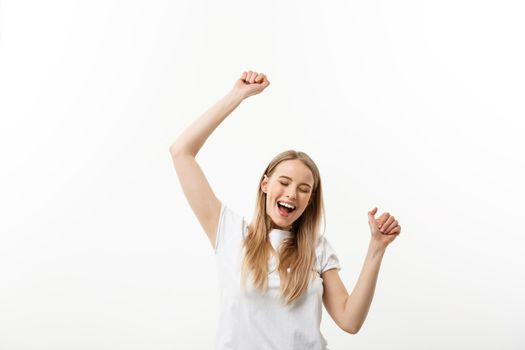 Beautiful happy woman at celebration. Birthday or New Year eve celebrating concept. Isolated over white background