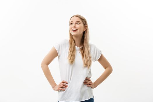 Caucasian young confident woman. Model white t-shirt isolated on white background