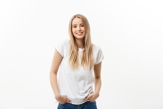 Caucasian young confident woman. Model white t-shirt isolated on white background