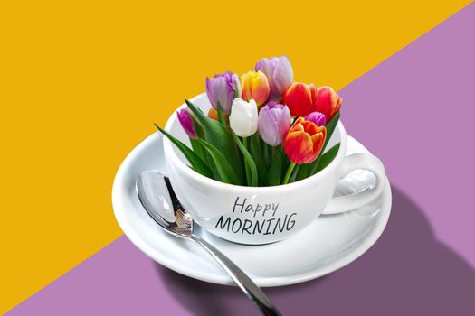 Bouquet of colorful tulips in a coffee cup with a saucer and a spoon on solid colors background. Happy morning and good mood concept illustration