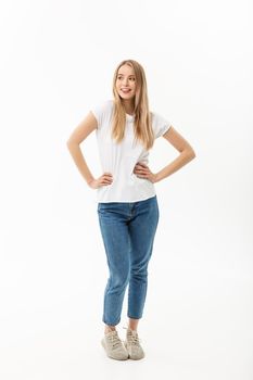 Beautiful standing woman model posing isolated on a white background.