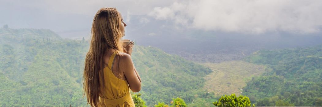 Young woman drinks coffee in a cafe in the mountains. BANNER, LONG FORMAT