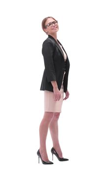 full length . portrait of a successful young business woman . isolated on white background