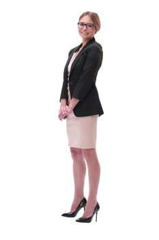 full length . portrait of a successful young business woman . isolated on white background