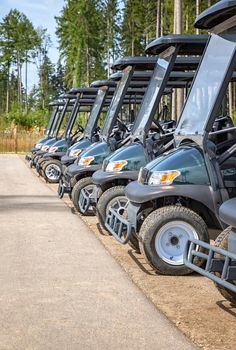 Golf cars or golf carts parked in a row outdoors on a sunny day. Vertical view