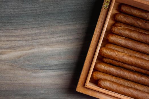 Cigars in humidor on the wooden background