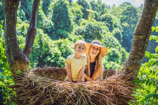 Bali trend, straw nests everywhere. Happy family enjoying their travel around Bali island, Indonesia. Making a stop on a beautiful hill. Photo in a straw nest, natural environment. Lifestyle. Traveling with kids concept. What to do with children. Child friendly place.