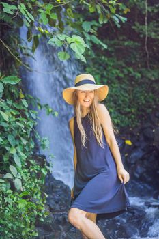 Woman traveler on a waterfall background. Ecotourism concept.