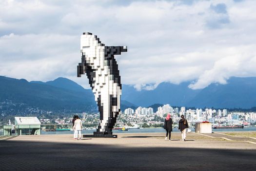 Vancouver, British Columbia, Canada September 2, 2020 . The aluminium sculpture Digital Orca of a Orca whale by the artist Douglas Coupland, installed next to Convention Centre in Vancouver.