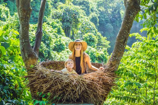 Bali trend, straw nests everywhere. Young tourist enjoying her travel around Bali island, Indonesia. Making a stop on a beautiful hill. Photo in a straw nest, natural environment. Lifestyle.