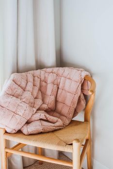 Giant Pink Plaid Blanket Woolen Knitted on White Stool Chair Home Scandinavian Style