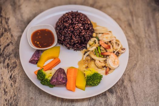 Brown rice, seafood, vegetables Healthy meal for lunch