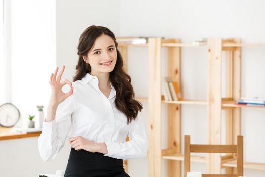 Businesswoman in formal wear holding documents and showing ok sign at modern office, copy space