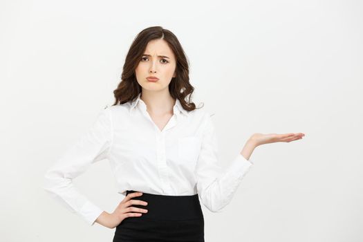 Portrait businesswoman showing and presenting copy space in business dress suit isolated on white background