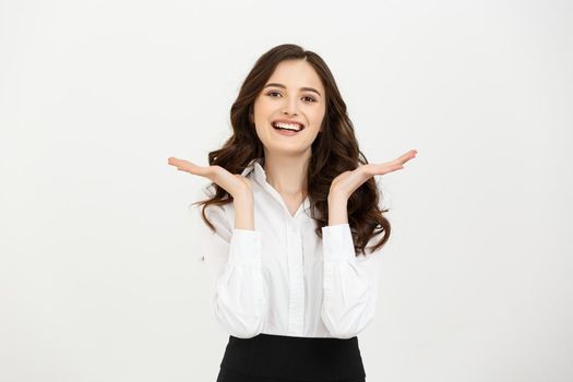 Portrait of happy young business woman isolated on white background.