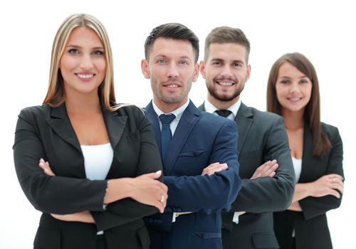 confident business team standing next to each other.isolated on white background.