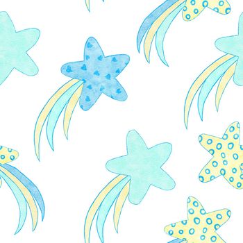 Watercolor hand drawn seamless pattern of blue boy baby shower fabric print. Pastel nursery stars rainbow balloons clouds. Cute kawaii birthday invite invitation illustration design transport car