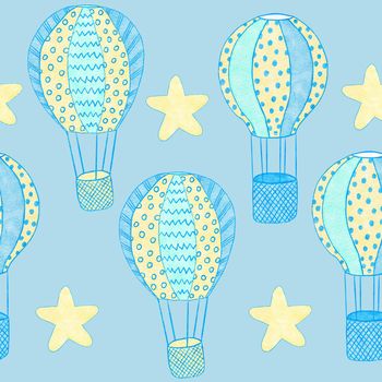 Watercolor hand drawn seamless pattern of blue boy baby shower fabric print. Pastel nursery stars rainbow balloons clouds. Cute kawaii birthday invite invitation illustration design transport car