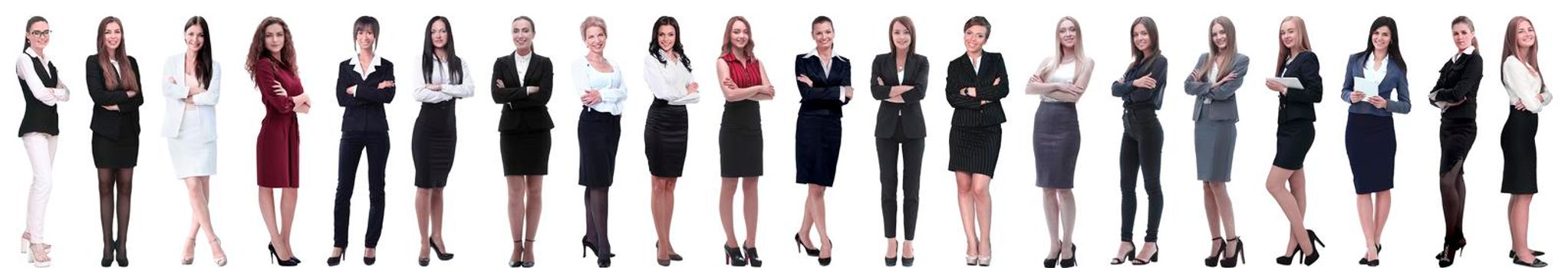 group of successful young businesswoman standing in a row. isolated on white background