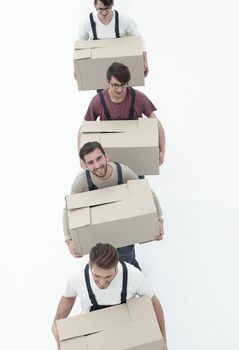 Delivery men with cardboard boxes on white background.