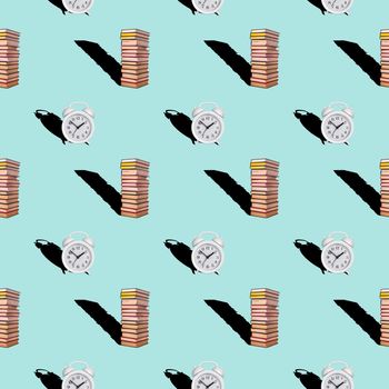 A seamless pattern made with a white alarm clock and a stack of books on a blue background.